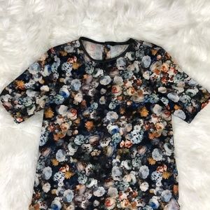 Zara Floral Faux Leather Trim Back Button Top